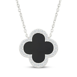 Black Onyx & White Lab-Created Sapphire Clover Necklace Sterling Silver 18"