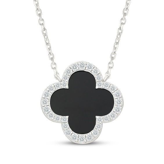 Black Onyx & White Lab-Created Sapphire Clover Necklace Sterling Silver 18"
