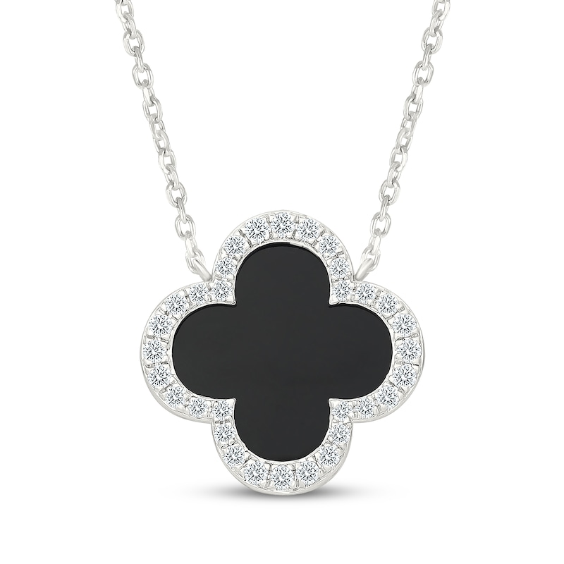 Main Image 1 of Black Onyx & White Lab-Created Sapphire Clover Necklace Sterling Silver 18"
