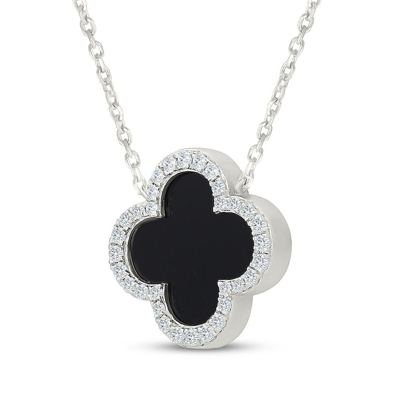 Main Image 2 of Black Onyx & White Lab-Created Sapphire Clover Necklace Sterling Silver 18"