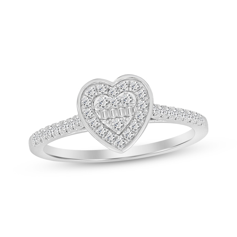 Main Image 1 of Now + Forever Baguette and Round-Cut Multi-Diamond Center Heart Engagement Ring 1/4 ct tw 10K White Gold