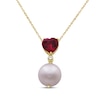 Thumbnail Image 1 of Cultured Pearl, Heart-Shaped Lab-Created Ruby & White Lab-Created Sapphire Heart Necklace 10K Yellow Gold 18"