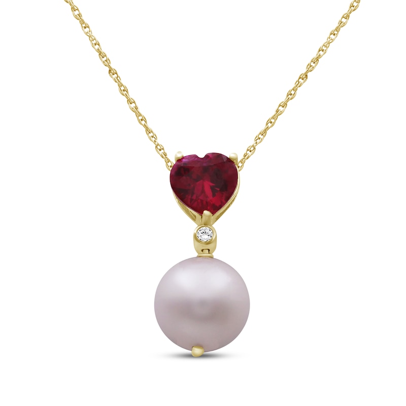Main Image 1 of Cultured Pearl, Heart-Shaped Lab-Created Ruby & White Lab-Created Sapphire Heart Necklace 10K Yellow Gold 18"