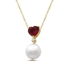 Thumbnail Image 2 of Cultured Pearl, Heart-Shaped Lab-Created Ruby & White Lab-Created Sapphire Heart Necklace 10K Yellow Gold 18"