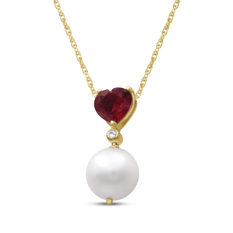 Main Image 2 of Cultured Pearl, Heart-Shaped Lab-Created Ruby & White Lab-Created Sapphire Heart Necklace 10K Yellow Gold 18"