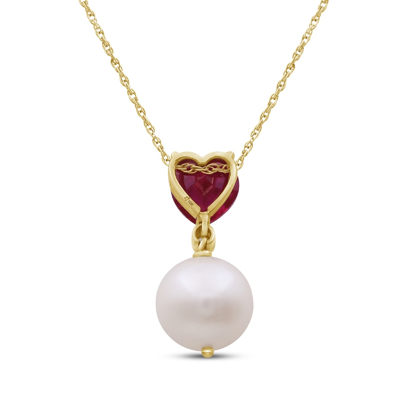 Main Image 3 of Cultured Pearl, Heart-Shaped Lab-Created Ruby & White Lab-Created Sapphire Heart Necklace 10K Yellow Gold 18"
