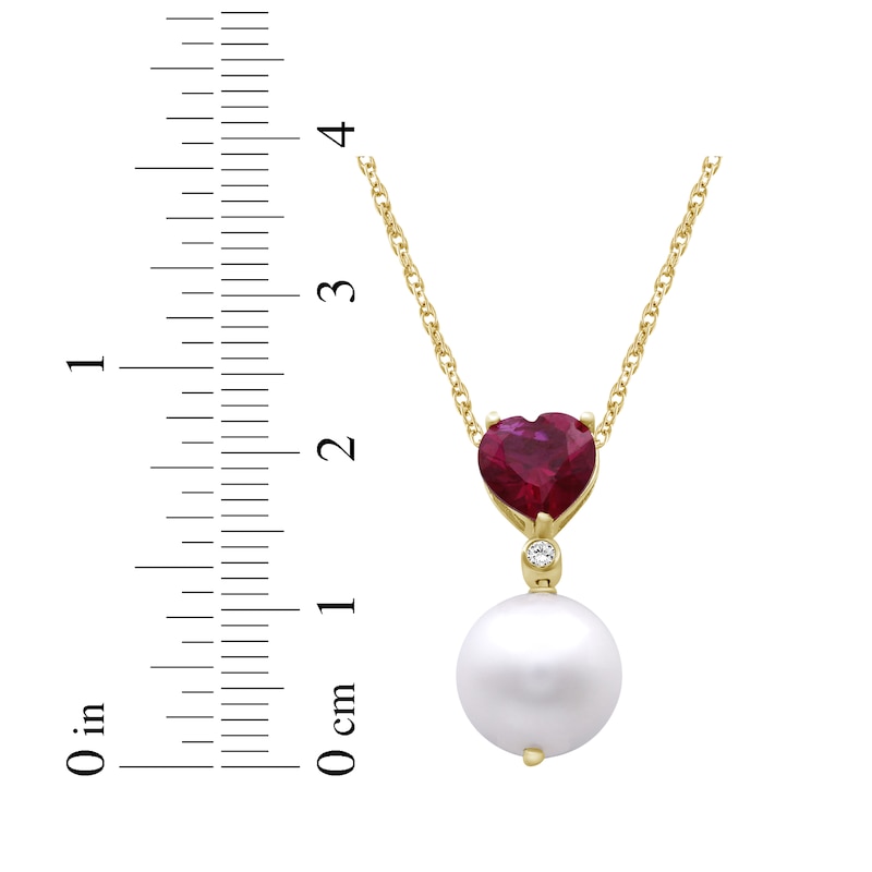 Main Image 4 of Cultured Pearl, Heart-Shaped Lab-Created Ruby & White Lab-Created Sapphire Heart Necklace 10K Yellow Gold 18"