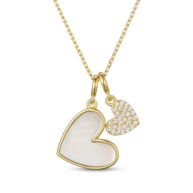 Main Image 1 of STUDIO BY KAY Heart-Shaped Mother-of-Pearl & White Lab-Created Sapphire Double Heart Necklace 24K Yellow Gold Vermeil Sterling Silver 18"