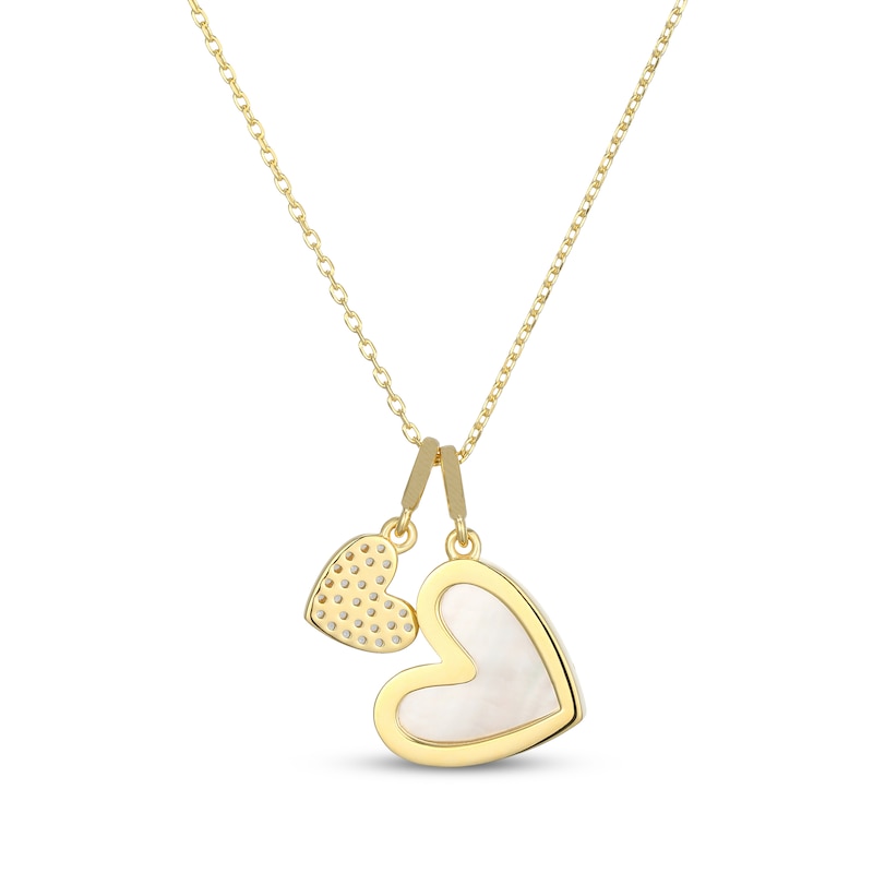 Main Image 3 of STUDIO BY KAY Heart-Shaped Mother-of-Pearl & White Lab-Created Sapphire Double Heart Necklace 24K Yellow Gold Vermeil Sterling Silver 18"