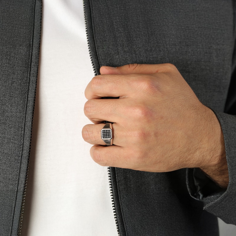 Main Image 5 of Twelve Crowns Men's Natural Black Spinel Octagon Ridged Ring Sterling Silver with Black Rhodium Plate