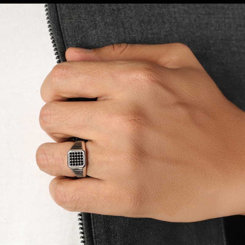 Main Image 7 of Twelve Crowns Men's Natural Black Spinel Octagon Ridged Ring Sterling Silver with Black Rhodium Plate