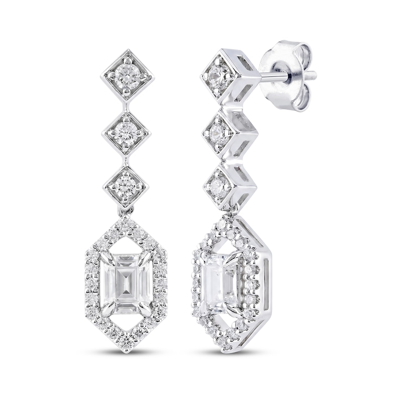 Main Image 1 of Neil Lane Artistry Emerald & Round-Cut Lab-Grown Diamond Dangle Earrings 1-1/2 ct tw 14K White Gold
