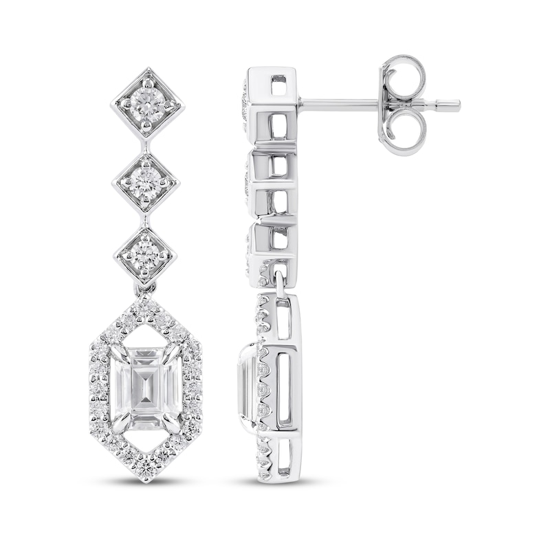 Main Image 3 of Neil Lane Artistry Emerald & Round-Cut Lab-Grown Diamond Dangle Earrings 1-1/2 ct tw 14K White Gold