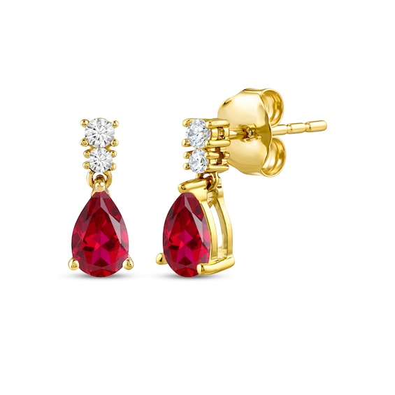 KAY Lab-Grown Diamonds Pear-Shaped Lab-Created Ruby Dangle Earrings 1/10 ct tw 10K Yellow Gold