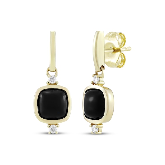Petite Opaque Cushion-Cut Black Onyx Drop Earrings 1/20 ct tw Lab-Grown Diamond 10K Yellow Gold