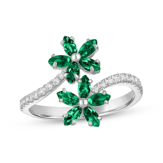 Marquise-Cut Lab-Created Emerald & White Lab-Created Sapphire Flower Bypass Ring Sterling Silver