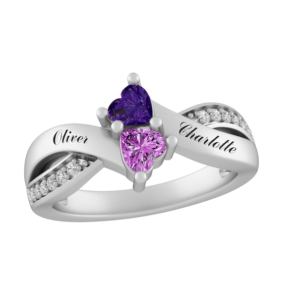 Heart Birthstone Couple's Criss Cross Ring (2 Stones and Lines)