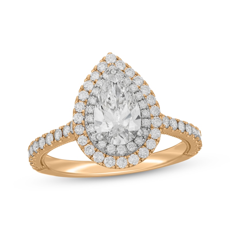 Main Image 1 of Neil Lane Pear-Shaped Lab-Grown Diamond Double Halo Engagement Ring 1-3/4 ct tw 14K Two-Tone Gold