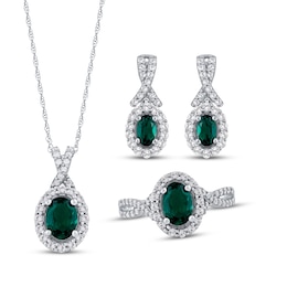 Oval-Cut Lab-Created Emerald & White Round Lab-Created Sapphire Gift Set Sterling Silver