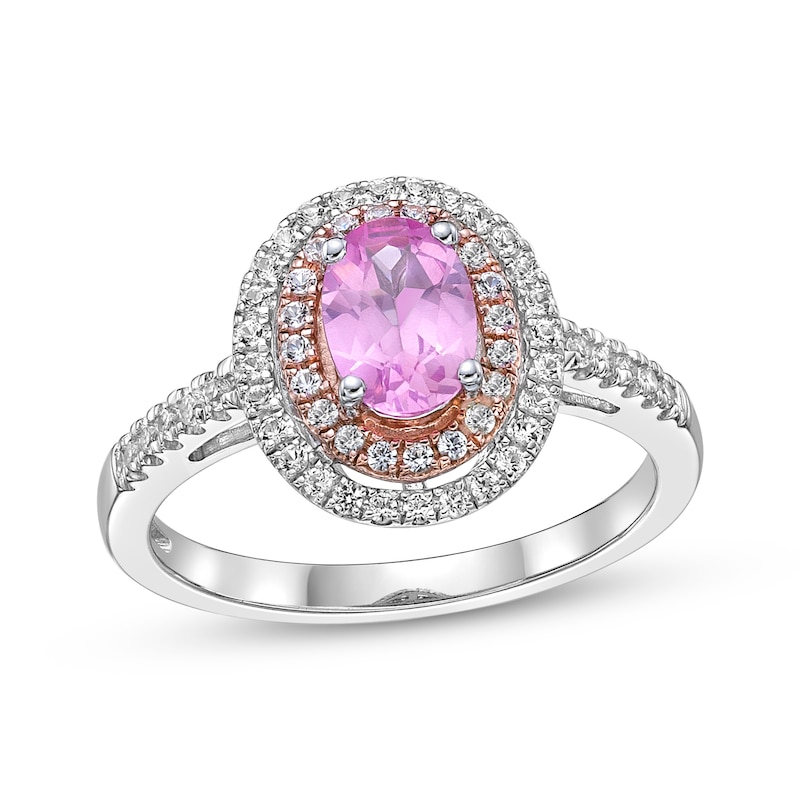 Main Image 1 of Gems of Serenity Oval-Cut Pink & White Lab-Created Sapphire Ring Sterling Silver & 10K Rose Gold
