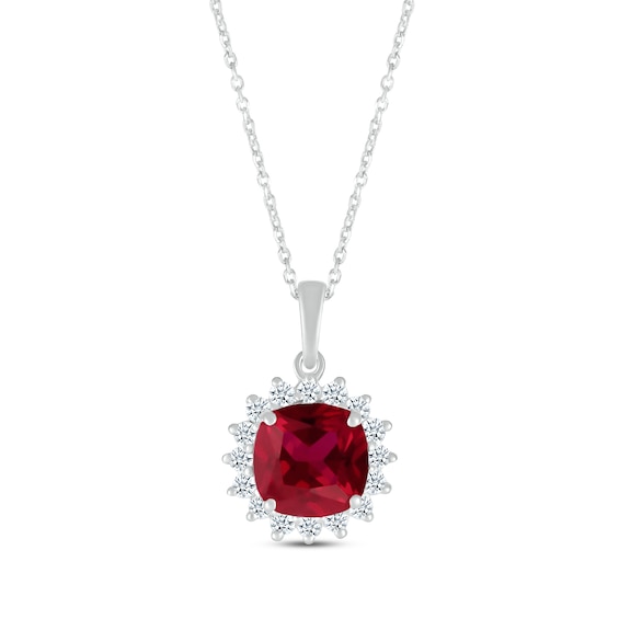 Cushion-Cut Lab-Created Ruby & Round-Cut White Lab-Created Sapphire Starburst Halo Necklace Sterling Silver 18”