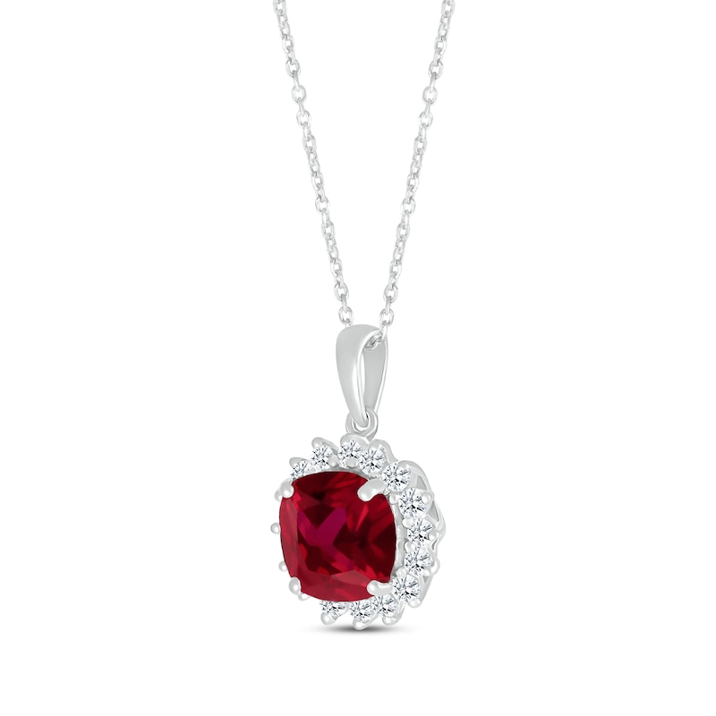 Cushion-Cut Lab-Created Ruby & Round-Cut White Lab-Created Sapphire Starburst Halo Necklace Sterling Silver 18”