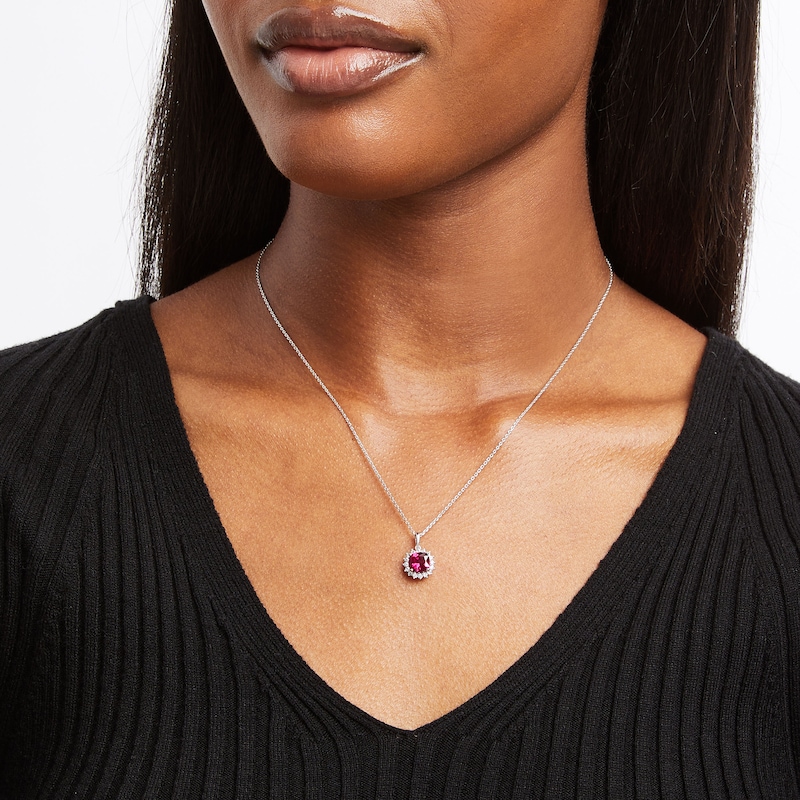 Cushion-Cut Lab-Created Ruby & Round-Cut White Lab-Created Sapphire Starburst Halo Necklace Sterling Silver 18”