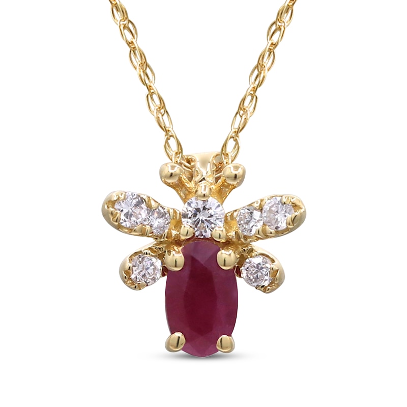 Main Image 1 of Oval-Cut Natural Ruby & Diamond Bug Necklace 1/15 ct tw 10K Yellow Gold 18&quot;