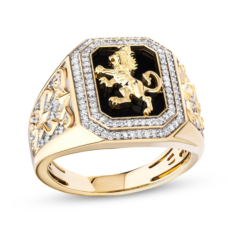 Men's Diamond & Black Onyx Lion Crest Octagon Signet Ring 1/2 ct tw 10K Yellow Gold