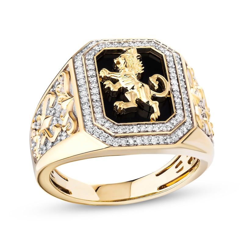 Main Image 1 of Men's Diamond & Black Onyx Lion Crest Octagon Signet Ring 1/2 ct tw 10K Yellow Gold