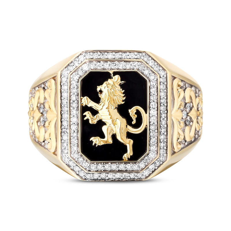 Men's Diamond & Black Onyx Lion Crest Octagon Signet Ring 1/2 ct tw 10K Yellow Gold