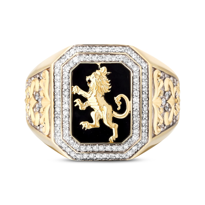 Main Image 4 of Men's Diamond & Black Onyx Lion Crest Octagon Signet Ring 1/2 ct tw 10K Yellow Gold