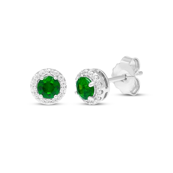 Lab-Created Emerald & White Sapphire Halo Stud Earrings Sterling Silver