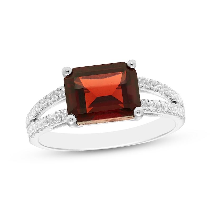 Main Image 1 of Emerald-Cut Garnet & White Lab-Created Sapphire Ring Sterling Silver
