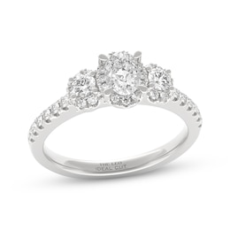 THE LEO Ideal Cut Diamond Oval-Cut Three-Stone Halo Engagement Ring 3/4 ct tw 14K White Gold