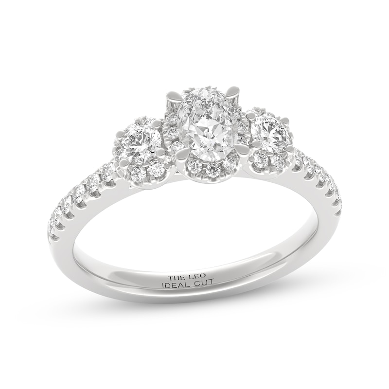 Main Image 1 of THE LEO Ideal Cut Diamond Oval-Cut Three-Stone Halo Engagement Ring 3/4 ct tw 14K White Gold