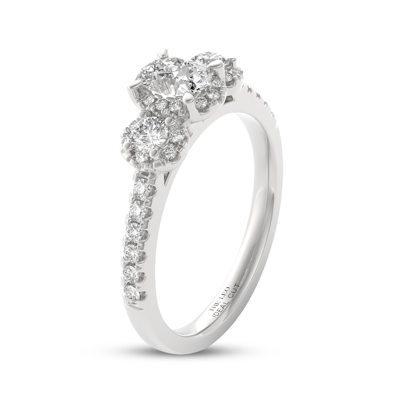 Main Image 2 of THE LEO Ideal Cut Diamond Oval-Cut Three-Stone Halo Engagement Ring 3/4 ct tw 14K White Gold