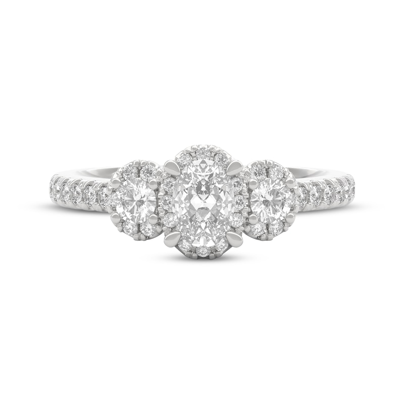 Main Image 3 of THE LEO Ideal Cut Diamond Oval-Cut Three-Stone Halo Engagement Ring 3/4 ct tw 14K White Gold