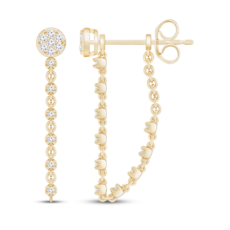 Main Image 1 of Multi-Diamond Circle Front-Back Chain Dangle Earrings 1/3 ct tw 10K Yellow Gold