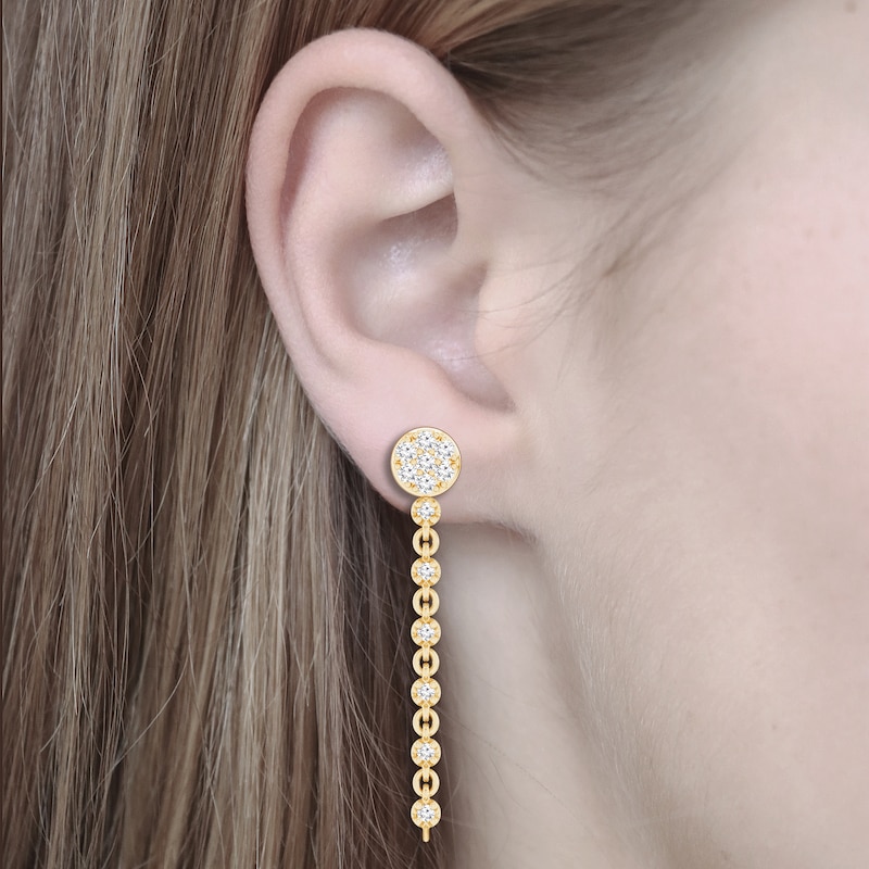 Main Image 3 of Multi-Diamond Circle Front-Back Chain Dangle Earrings 1/3 ct tw 10K Yellow Gold