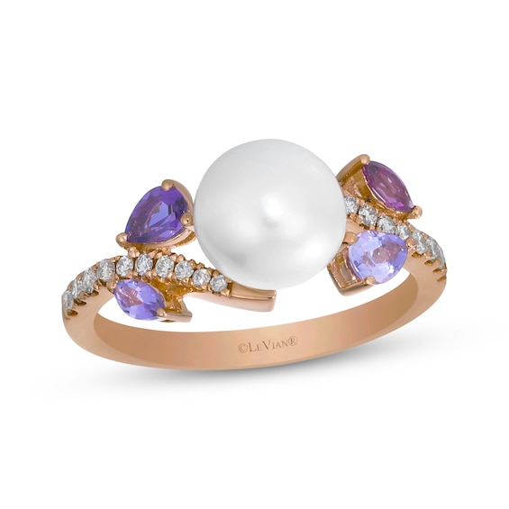 Le Vian Pretty in Pink Cultured Pearl & Multi-Gemstone Ring 1/8 ct tw Diamonds 14K Strawberry Gold