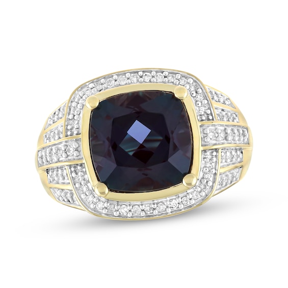 Men's Cushion-Cut Lab-Created Alexandrite & Diamond Ring 1/3 ct tw 10K Yellow Gold