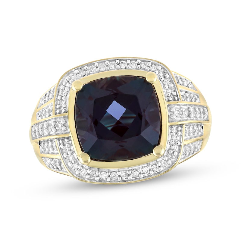 Main Image 1 of Men's Cushion-Cut Lab-Created Alexandrite & Diamond Ring 1/3 ct tw 10K Yellow Gold