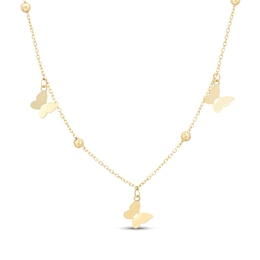 Bead & Butterfly Station Necklace Solid 10K Yellow Gold 18"