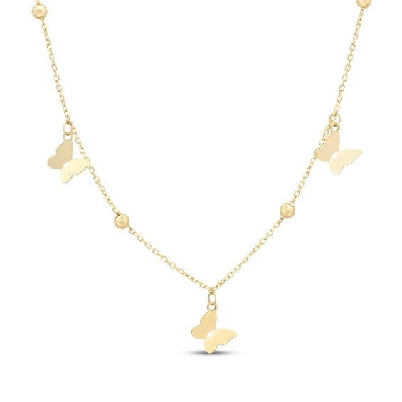 Bead & Butterfly Station Necklace Solid 10K Yellow Gold 18"