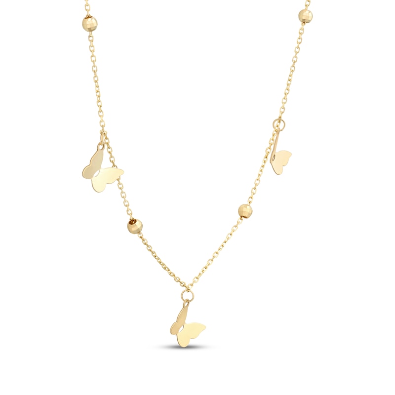 Main Image 2 of Bead & Butterfly Station Necklace Solid 10K Yellow Gold 18"