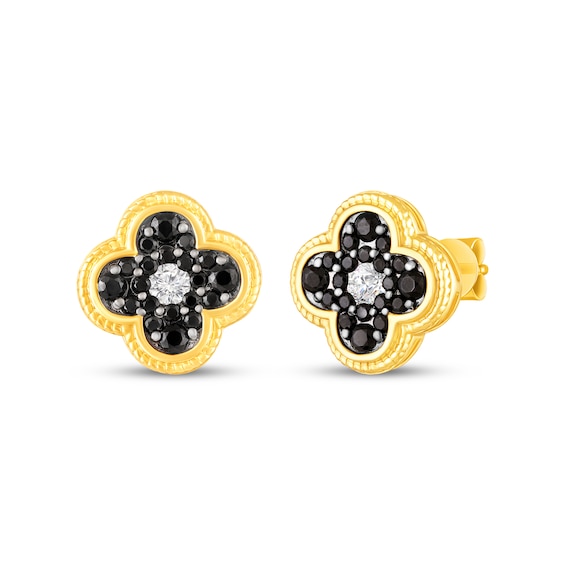Black Spinel & White Lab-Created Sapphire Clover Stud Earrings 10K Yellow Gold