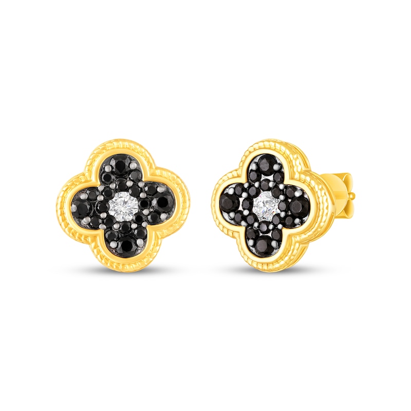 Main Image 1 of Black Spinel & White Lab-Created Sapphire Clover Stud Earrings 10K Yellow Gold