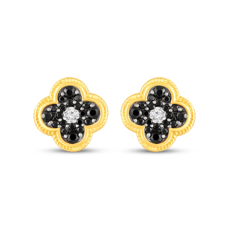 Main Image 2 of Black Spinel & White Lab-Created Sapphire Clover Stud Earrings 10K Yellow Gold