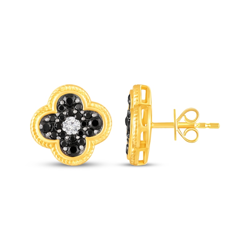 Main Image 3 of Black Spinel & White Lab-Created Sapphire Clover Stud Earrings 10K Yellow Gold